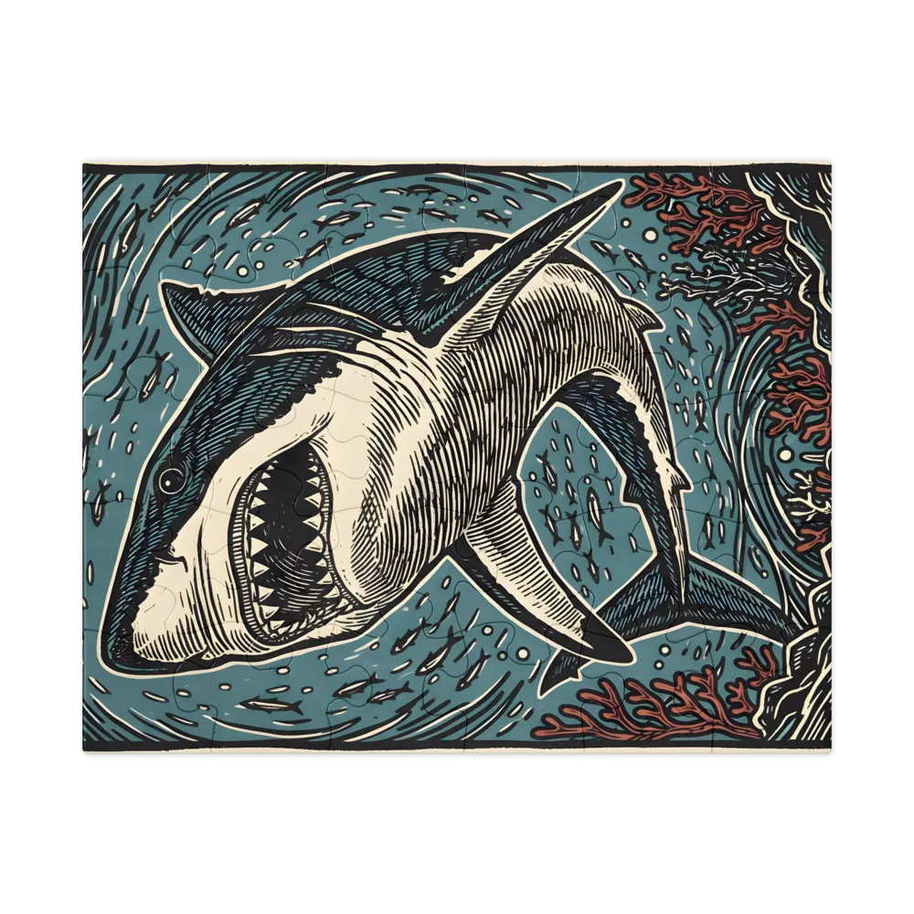 Great White Linocut 
 Jigsaw Puzzle in Tin Box