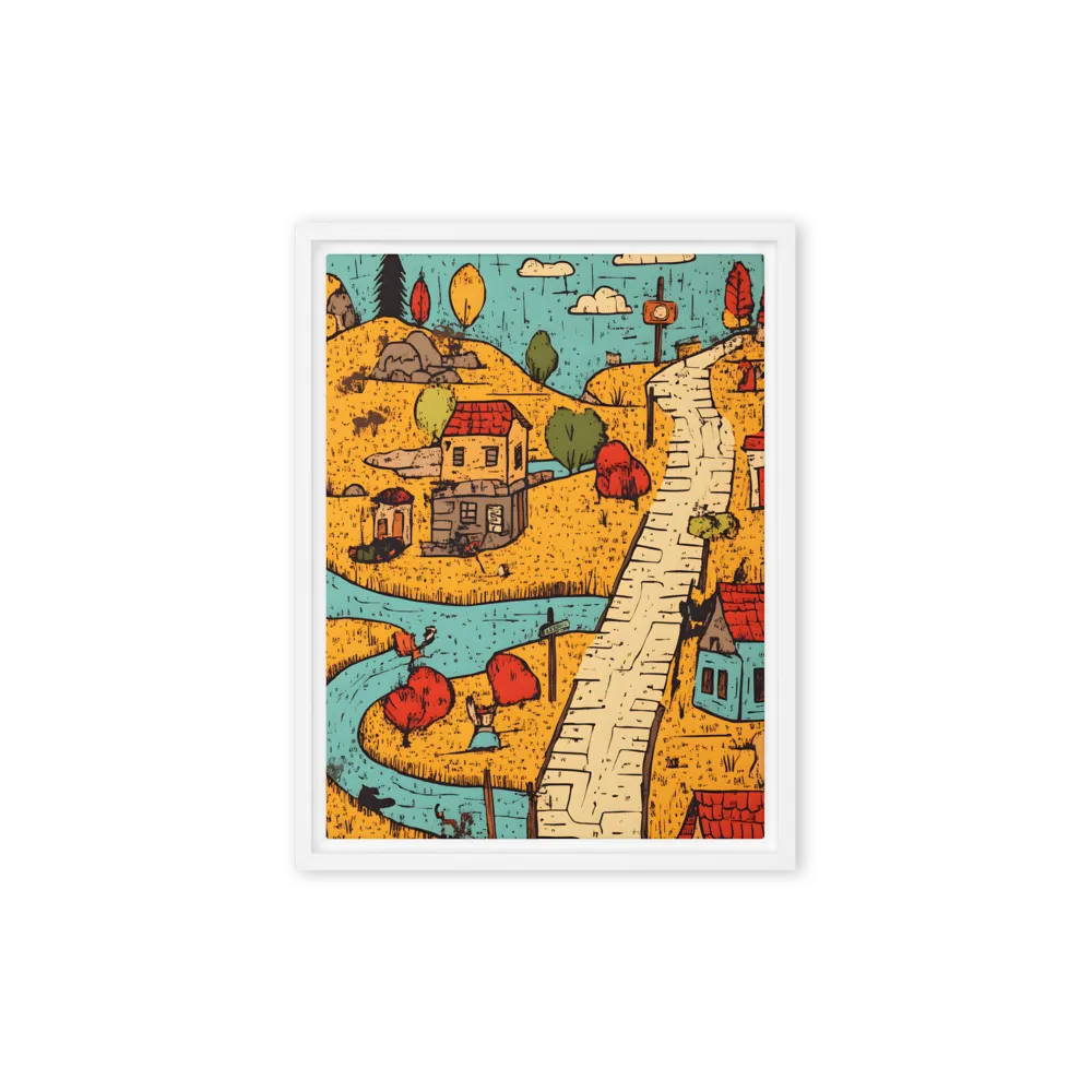 Whimsical Village Landscape | Canvas with White Frame | 9″×12″