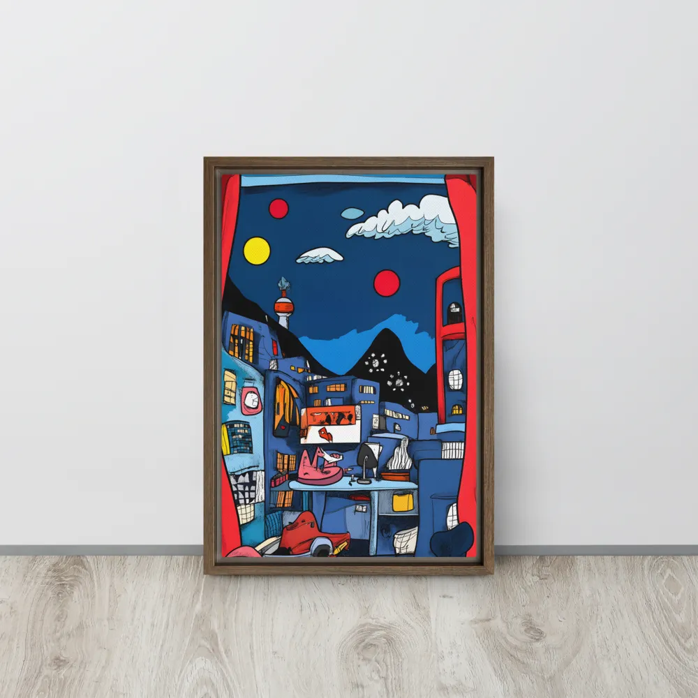 Whimsical Cityscape at Night | Canvas with Brown Frame | 12″×18″