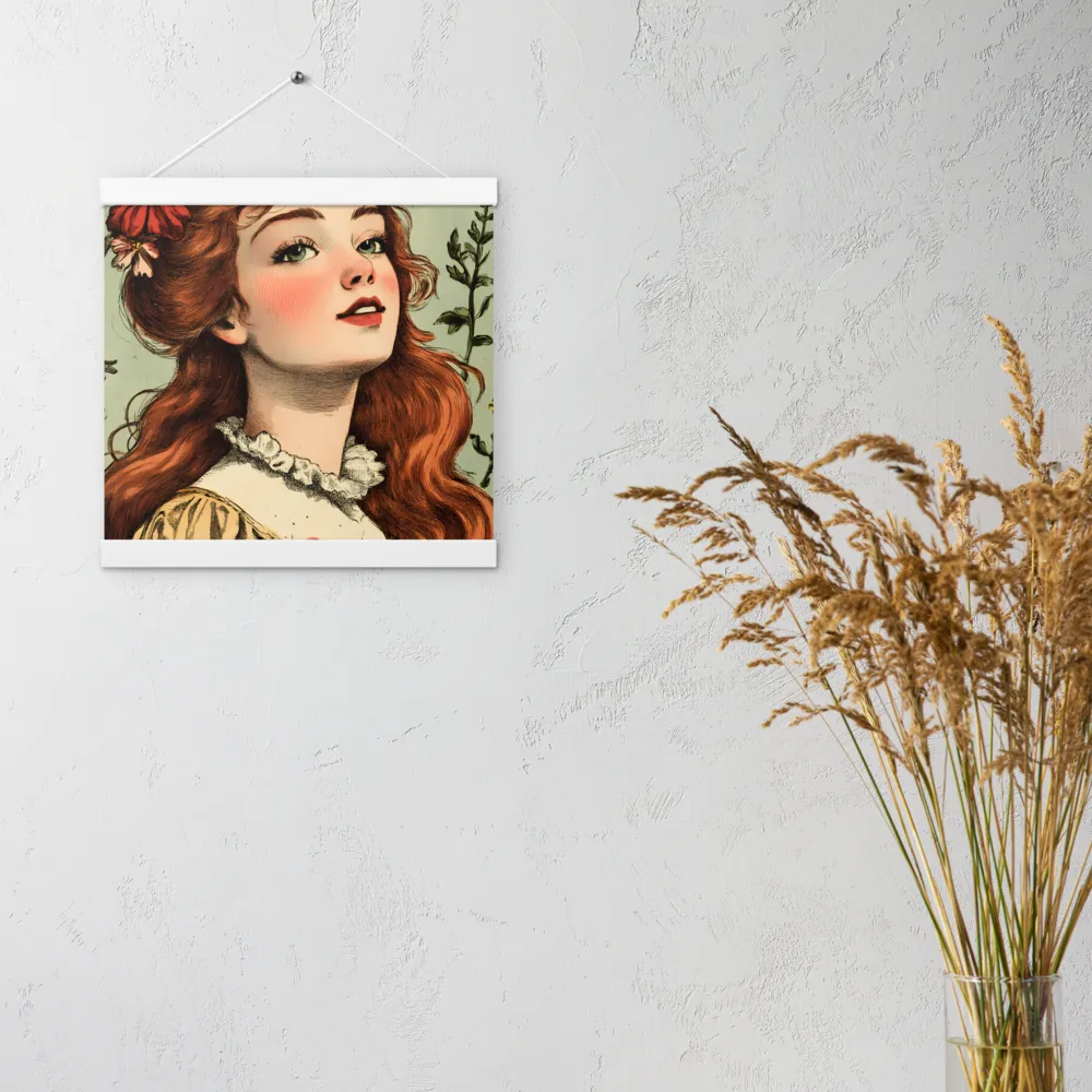 Whimsical Portrait of a Flower-Adorned Girl | Poster With White Wood Hanger | 12″×12″