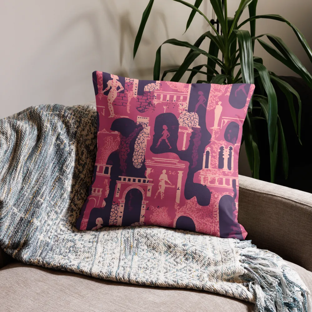 Whimsical Interplay of Figures and Architecture | Pillow Case | 22″×22″