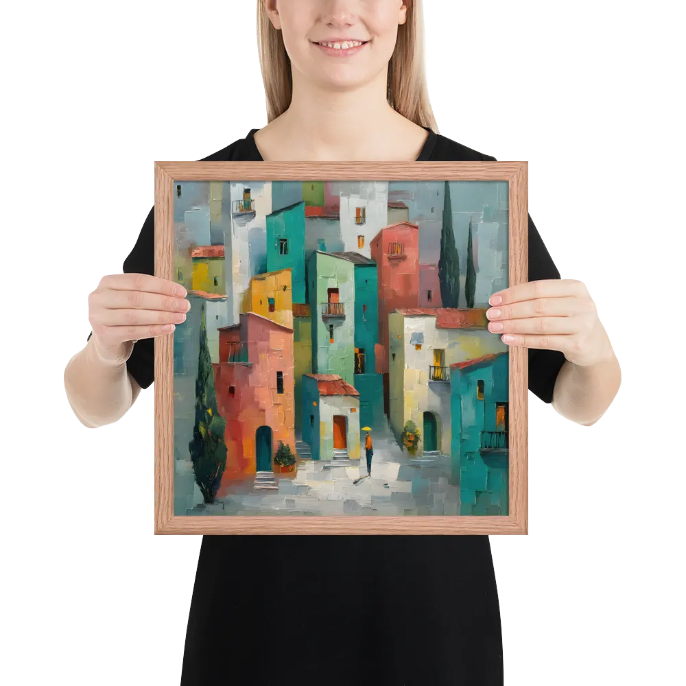 Sunlit Village 
 Poster with Red oak Frame | 14″x 14″