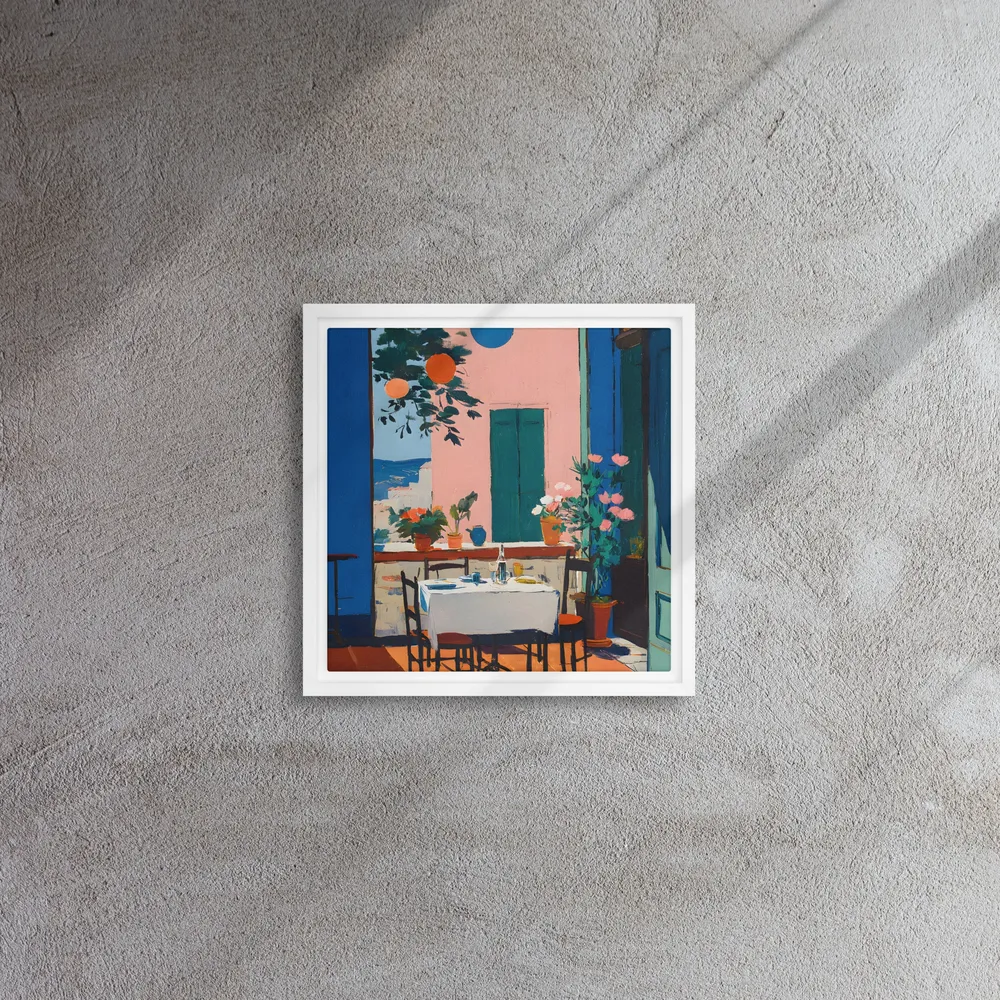 Sunlit Terrace Table 
 Canvas with White Frame | 12″x 12″