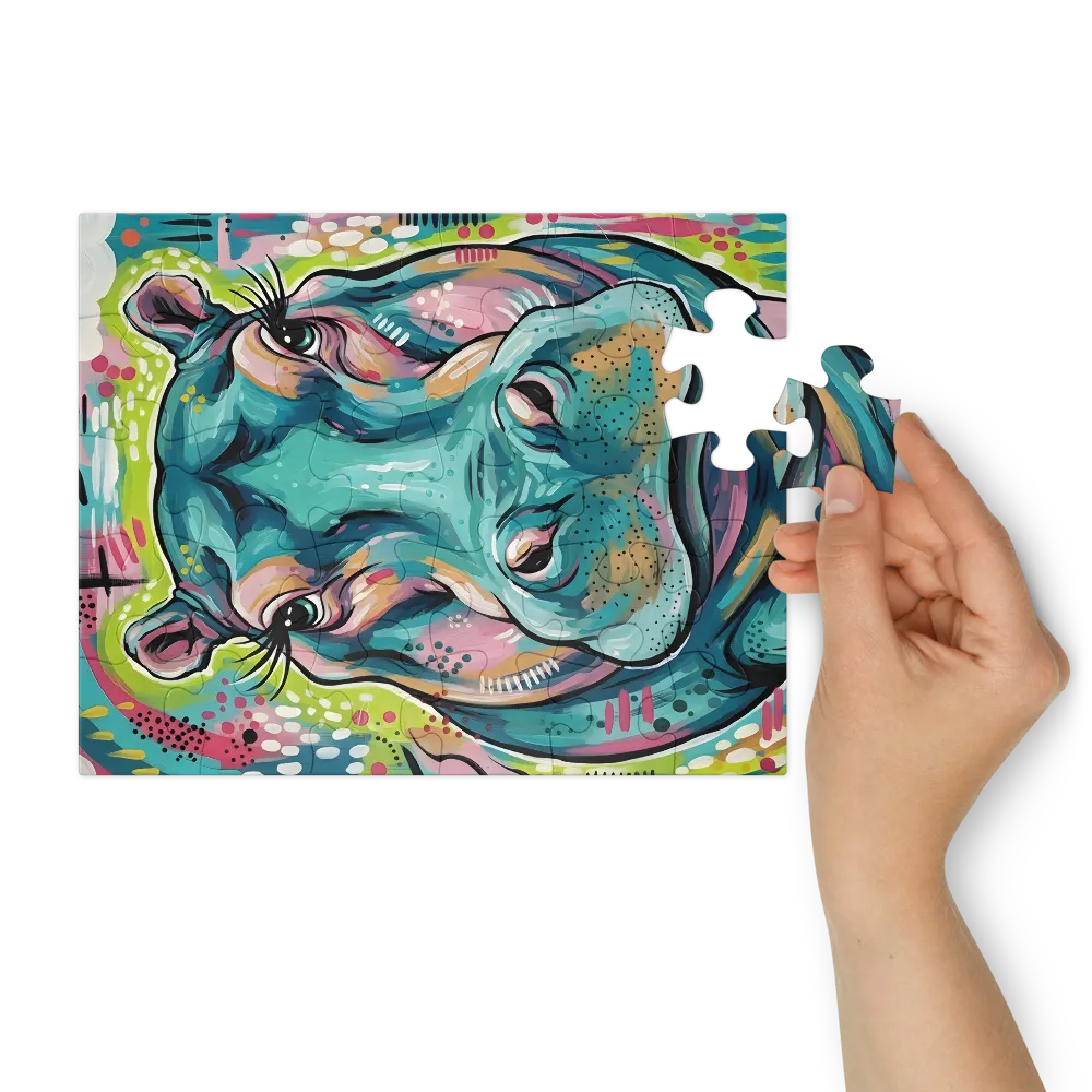 Playful Teal Hippo 
 Jigsaw Puzzle in Tin Box