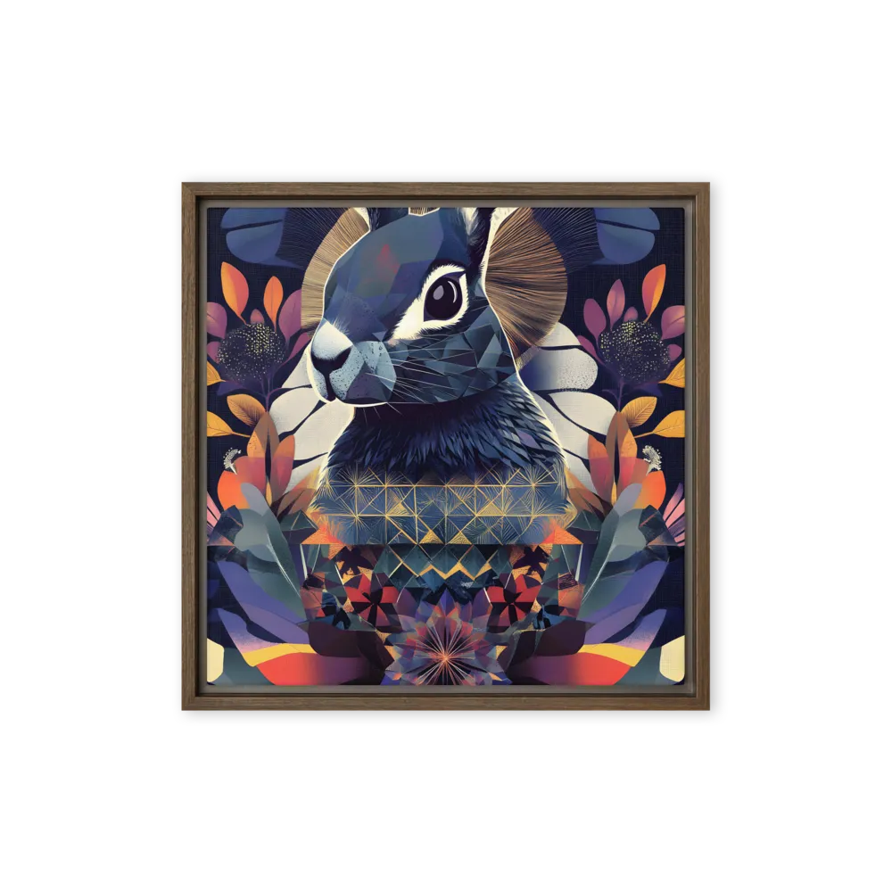 Ethereal Bunny: A Geometric Wonderland | Canvas with Brown Frame | 16″×16″