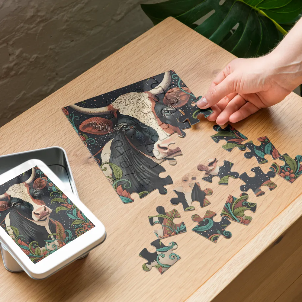 Floral Cow Portrait 
 Jigsaw Puzzle in Tin Box