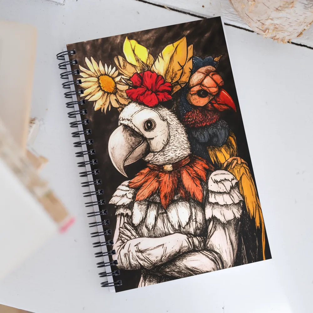 The Surreal Guardian: A Dance of Feathers and Flowers | Spiral Notebook