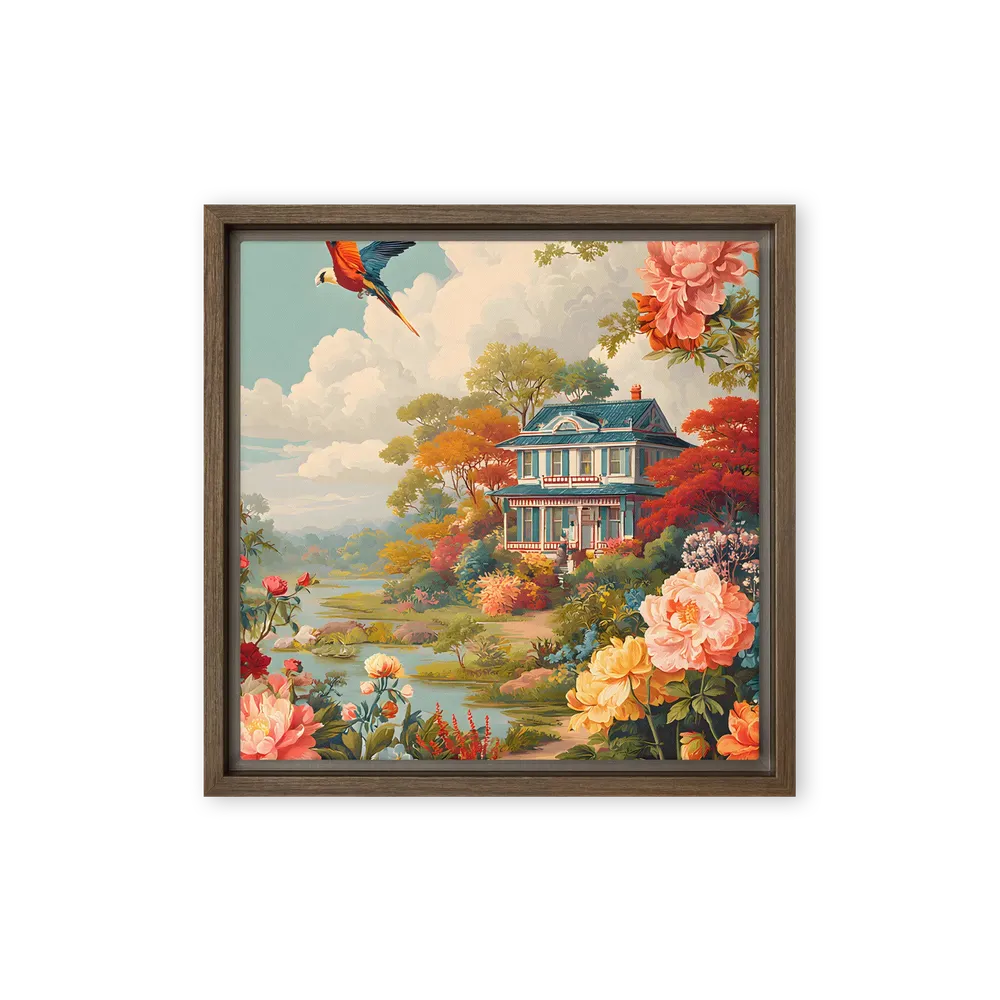 Riverside Cottage in Bloom 
 Canvas with Brown Frame | 12″x 12″
