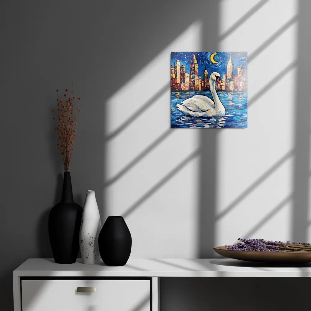 Moonlit City Swan 
 Metal Print | 12″x 12″