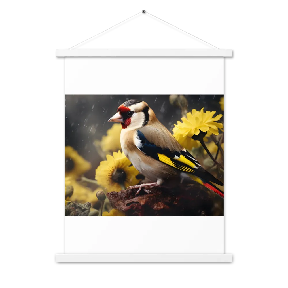 Harmony in Nature: A Goldfinch Amidst Blooms | Poster With White Wood Hanger | 18″×24″