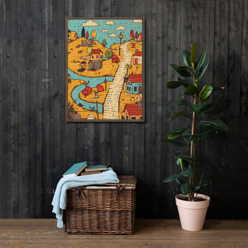 Whimsical Village Landscape | Canvas with Brown Frame | 24″×32″