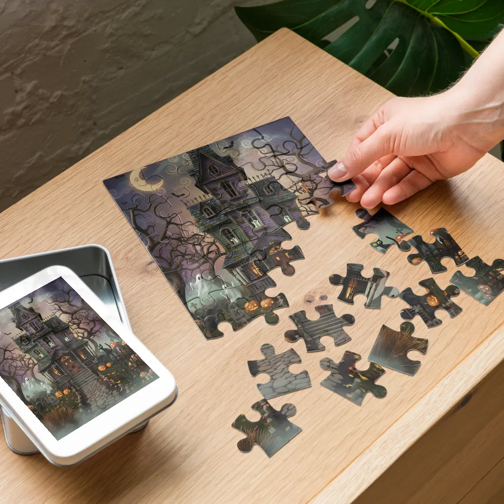 Moonlit Haunted House 
 Jigsaw Puzzle in Tin Box