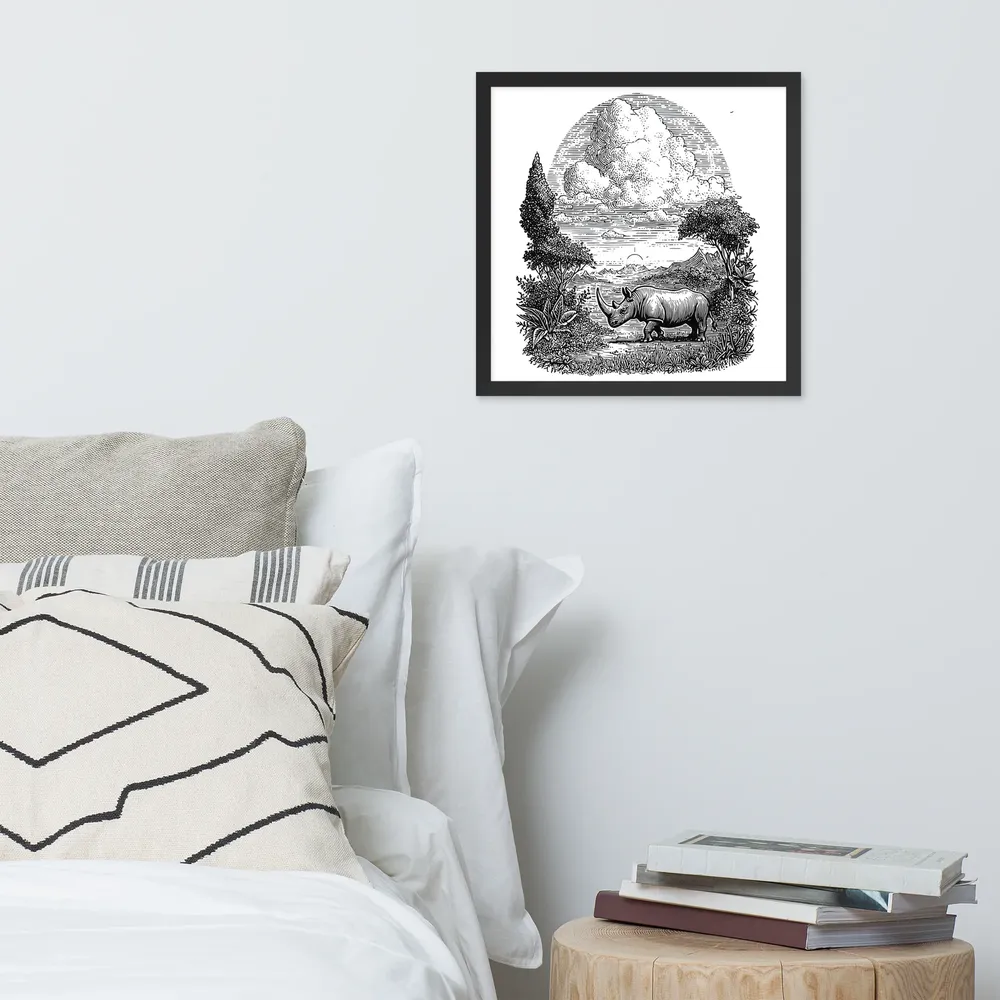 Rhinoceros Engraving 
 Poster with Black Frame | 16″x 16″