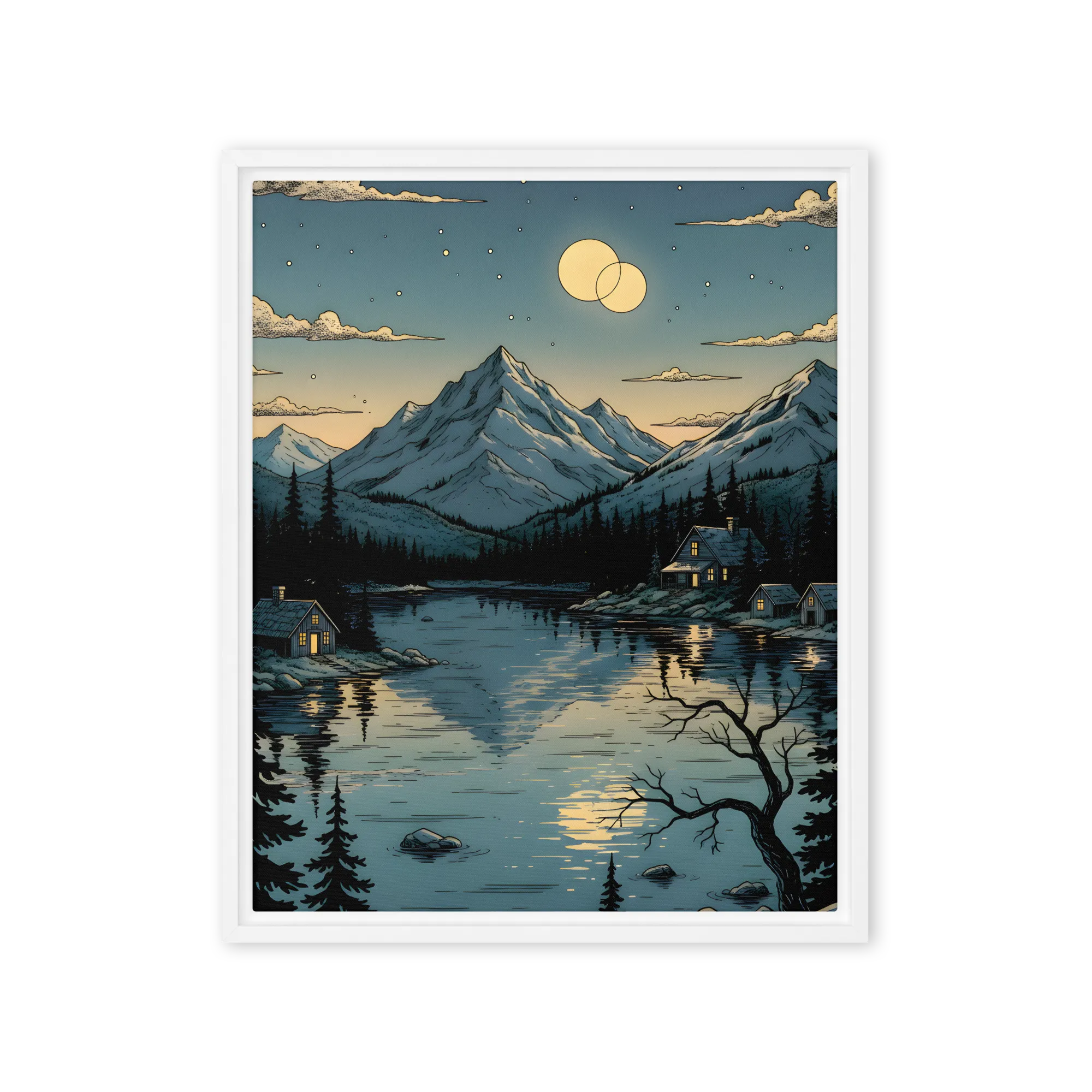 Moonlit Mountain Lake Reflection 
 Canvas with White Frame