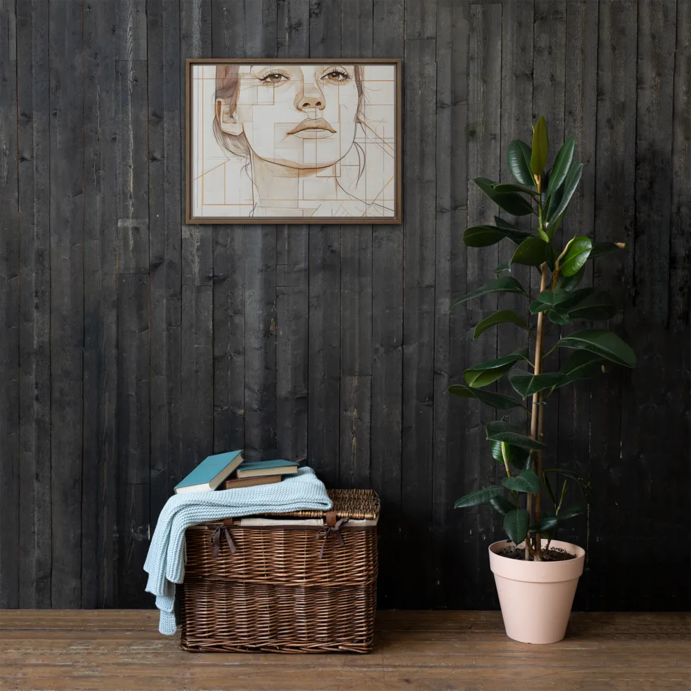Geometric Serenity: A Minimalist Portrait | Canvas with Brown Frame | 18″×24″