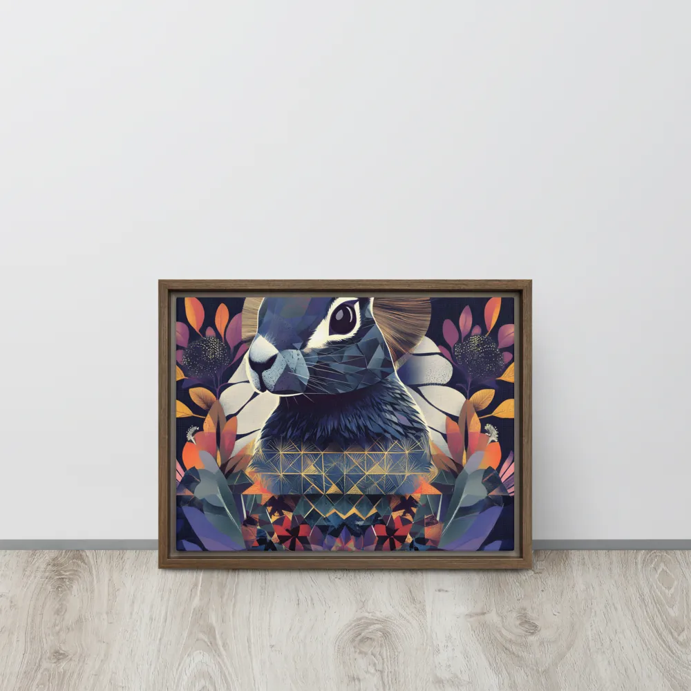 Ethereal Bunny: A Geometric Wonderland | Canvas with Brown Frame | 12″×16″