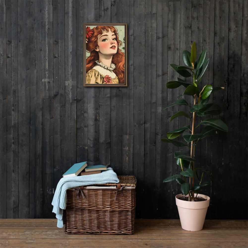 Whimsical Portrait of a Flower-Adorned Girl | Canvas with Brown Frame | 12″×18″