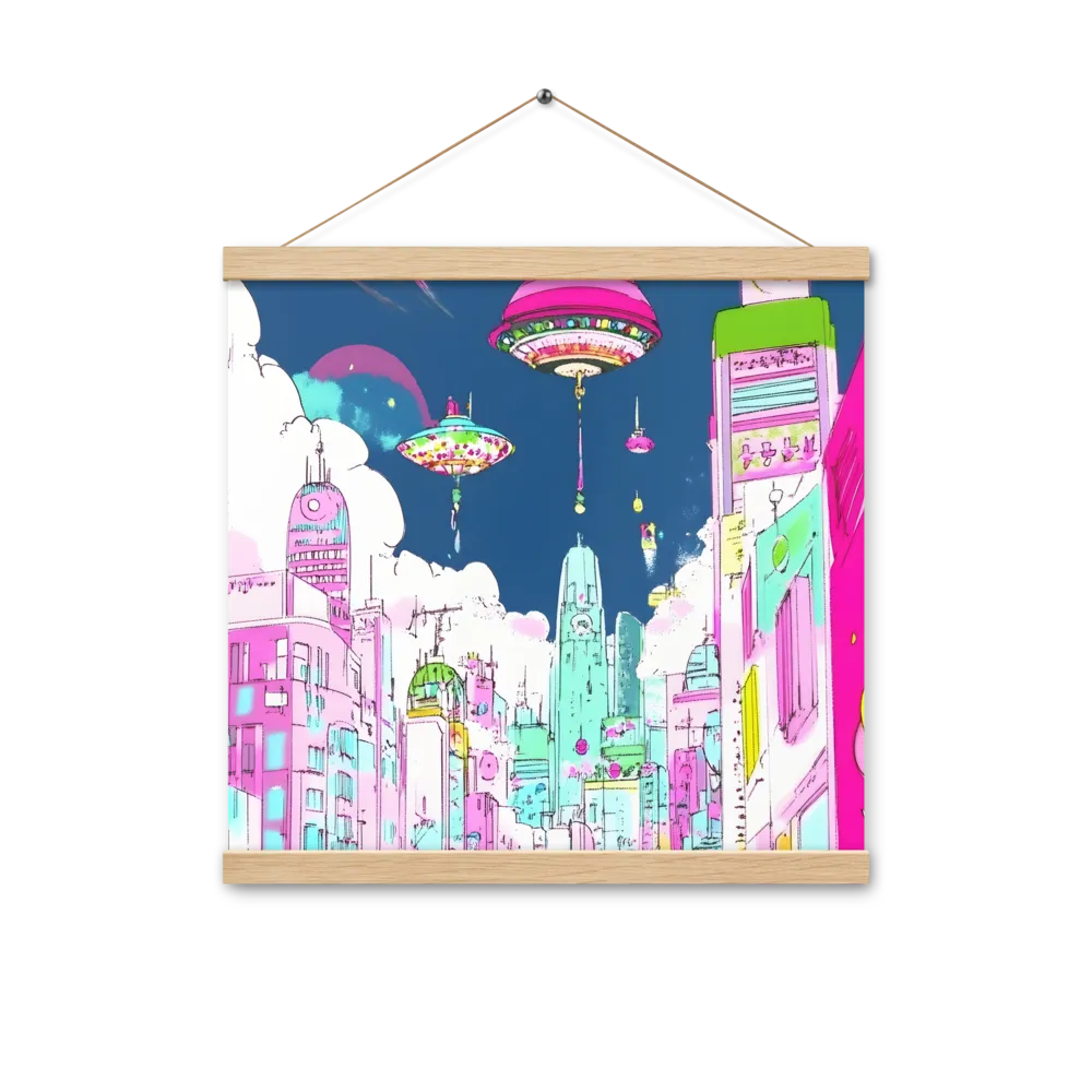 Futuristic Cityscape with Floating Structures | Poster With Oak Wood Hanger | 16″×16″