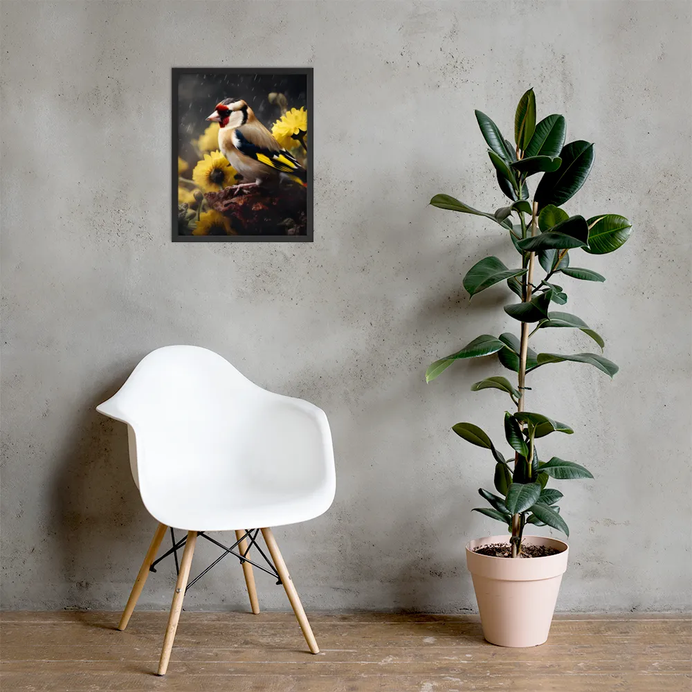 Harmony in Nature: A Goldfinch Amidst Blooms | Poster with Black Frame | 16″×20″