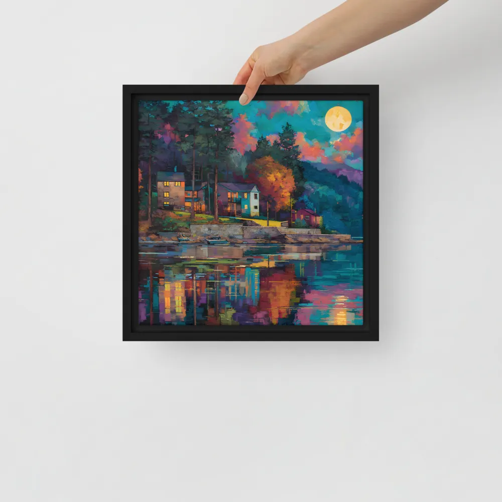Moonlit Lakeside 
 Canvas with Black Frame | 12″x 12″