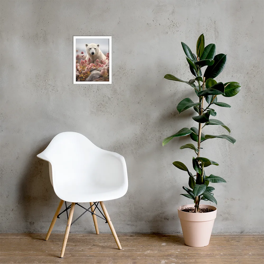 Curiosity Among Blooms: The Polar Bear | Poster with White Frame | 11″×14″