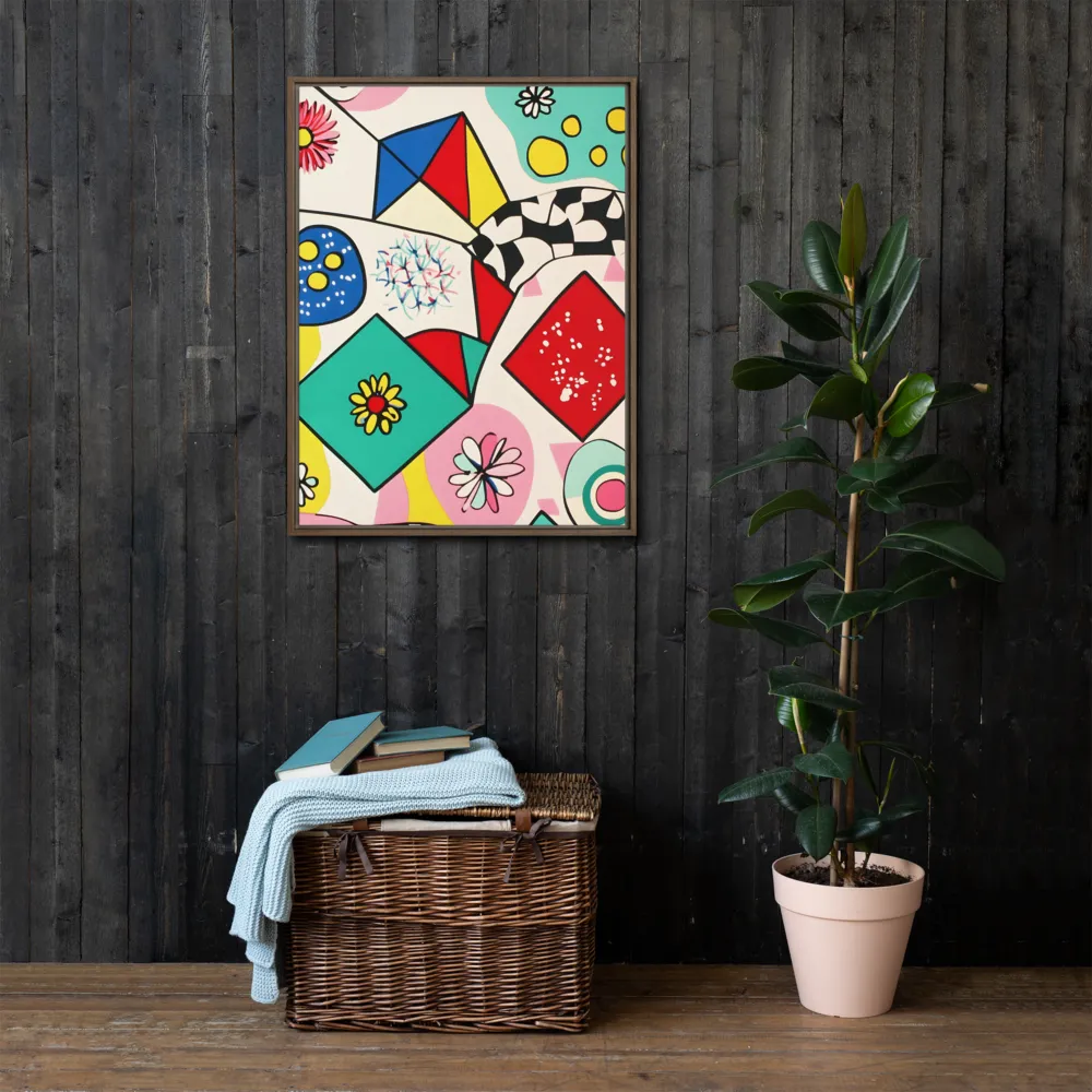 Joyful Geometry: A Playful Dance of Shapes and Colors | Canvas with Brown Frame | 24″×32″