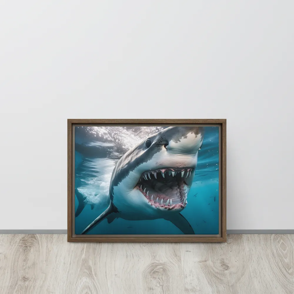 Majesty of the Ocean: The Great White Shark | Canvas with Brown Frame | 12″×16″