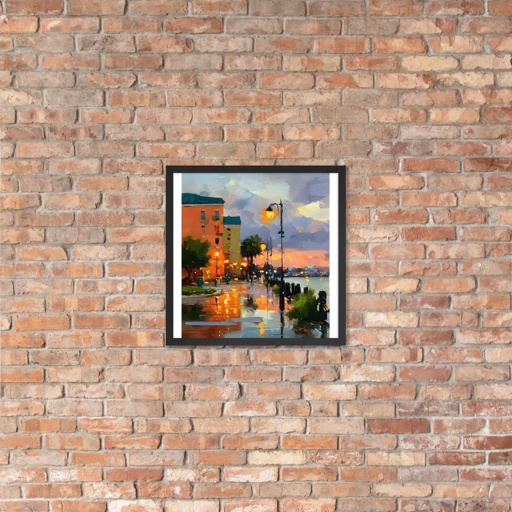 Harbor Promenade at Dusk 
 Poster with Black Frame | 18″x 18″