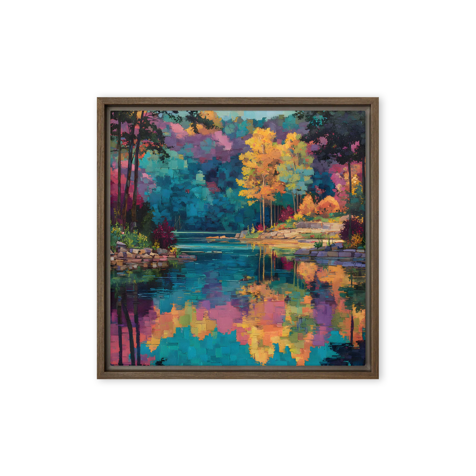 Palette Knife Lake Reflection 
 Canvas with Brown Frame