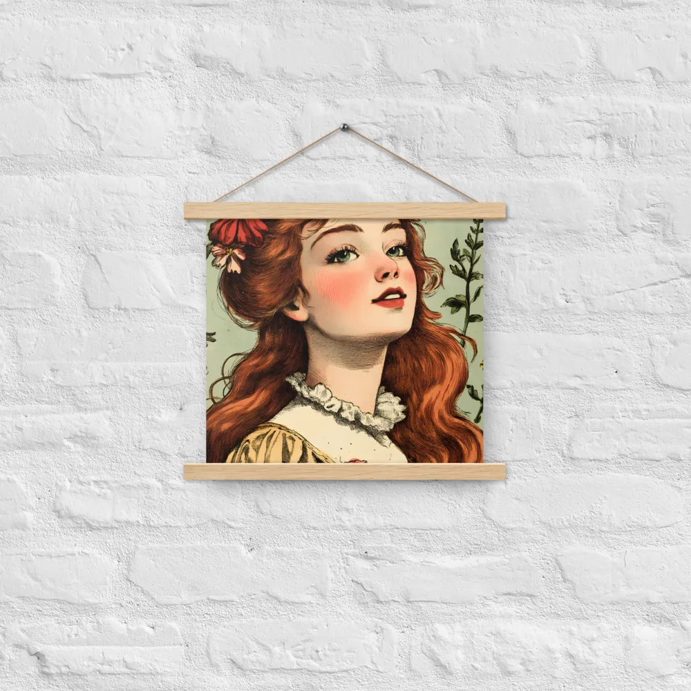 Whimsical Portrait of a Flower-Adorned Girl | Poster With Oak Wood Hanger | 14″×14″