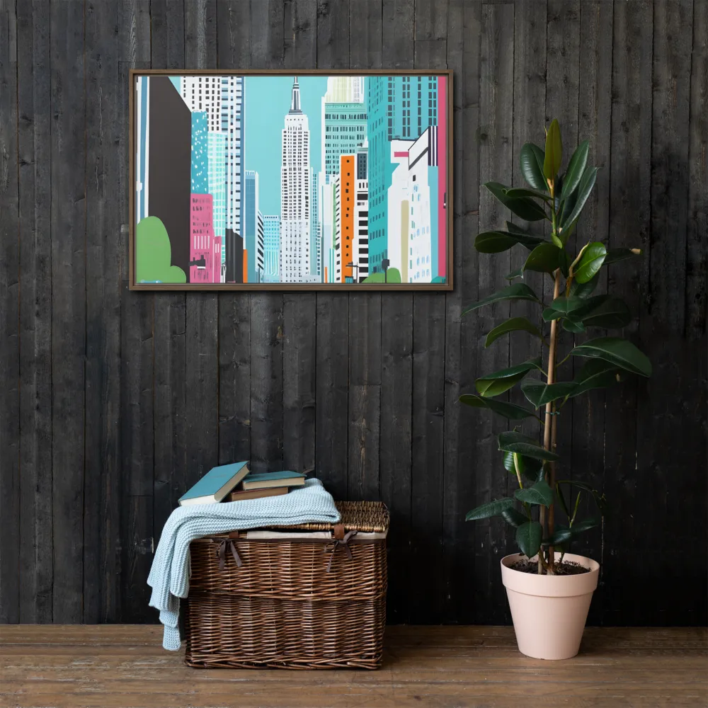 Urban Symphony: A Modern Cityscape | Canvas with Brown Frame | 24″×36″