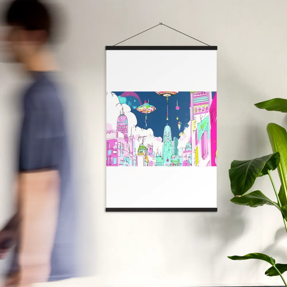 Futuristic Cityscape with Floating Structures | Poster With Black Wood Hanger | 24″×36″
