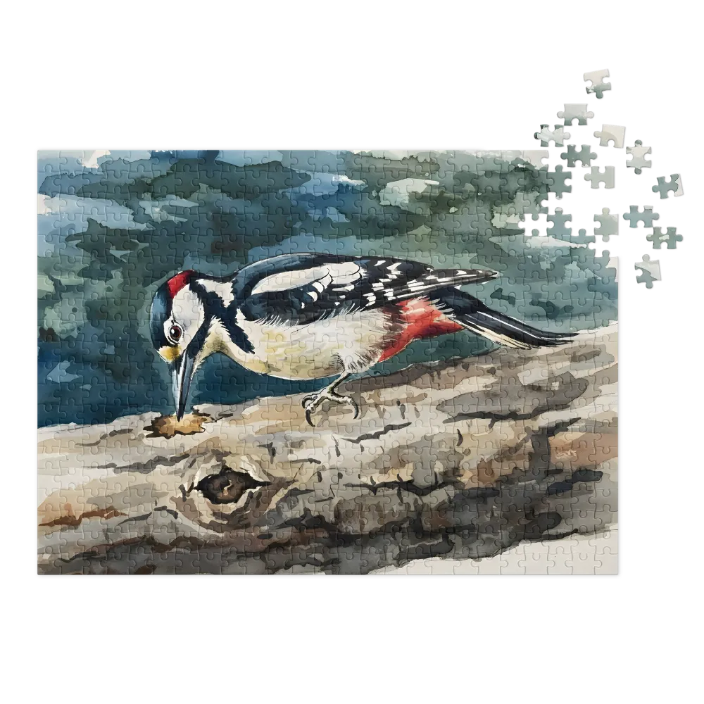 Woodpecker on Tree Bark 
 Jigsaw Puzzle in Tin Box