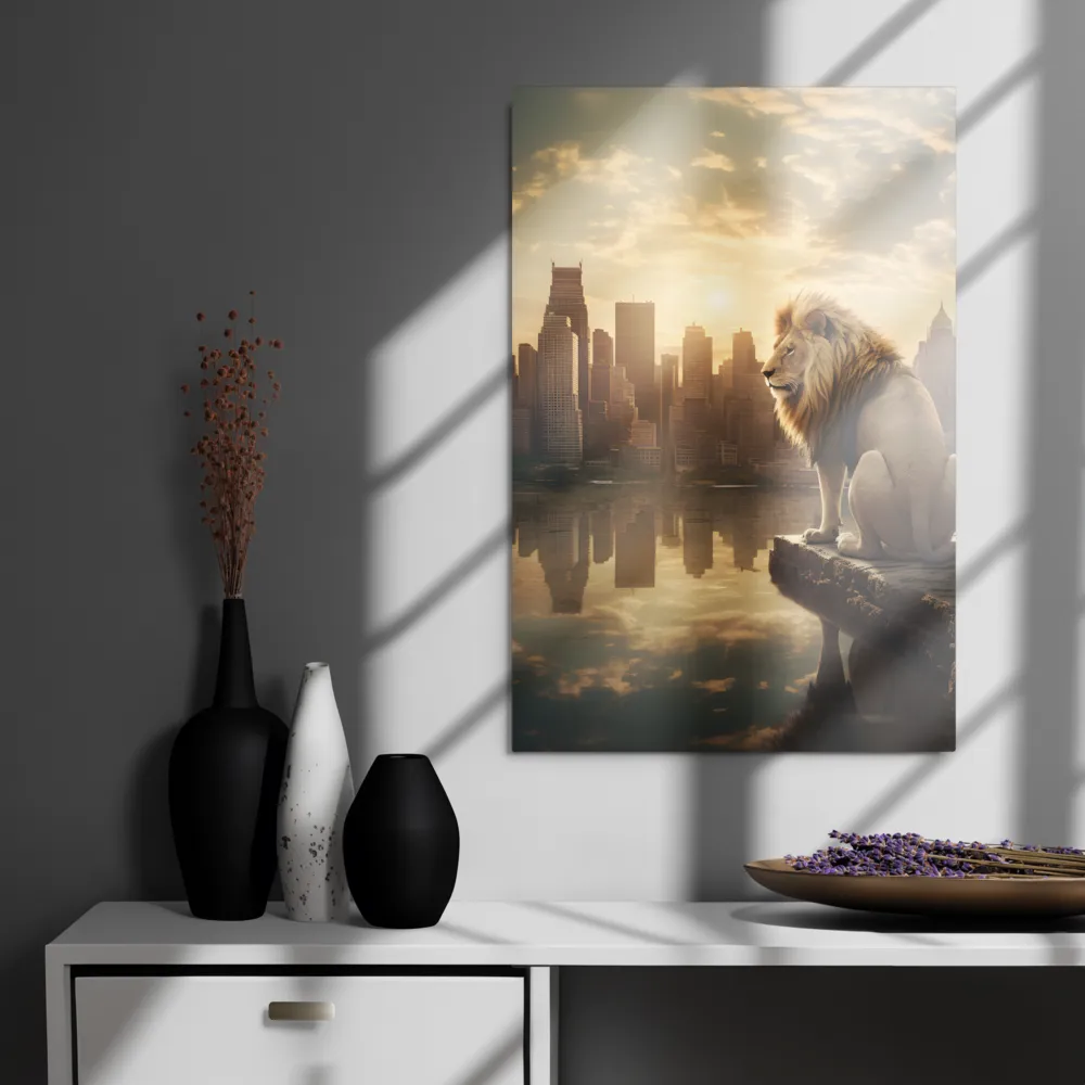 The Lion's Gaze Over the Urban Symphony | Metal Print | 20″×30″