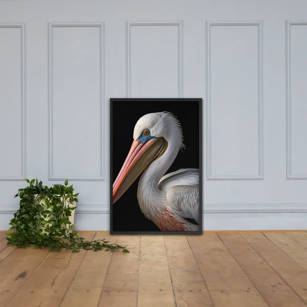 Elegance in White: The Pelican | Poster with Black Frame | 24″×36″