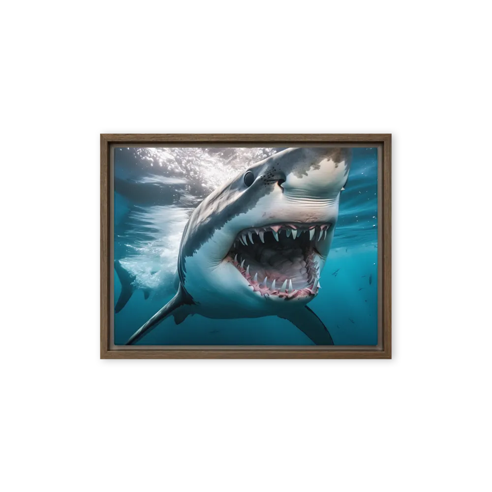 Majesty of the Ocean: The Great White Shark | Canvas with Brown Frame | 12″×16″
