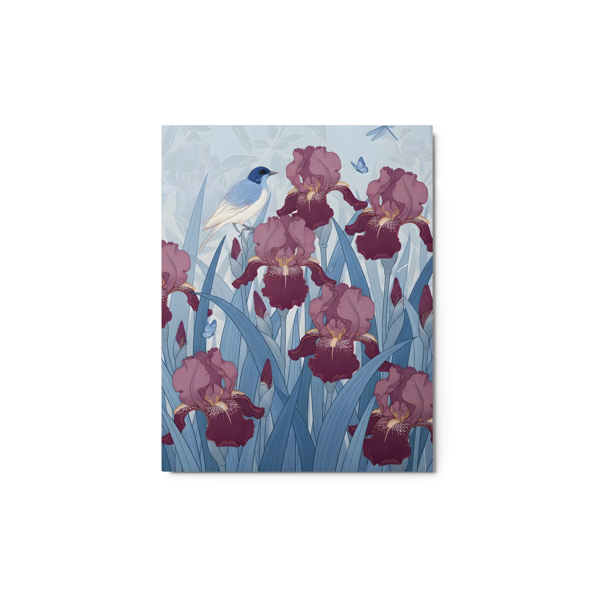 Art Nouveau Irises and Bird 
 Metal Print | 11″x 14″