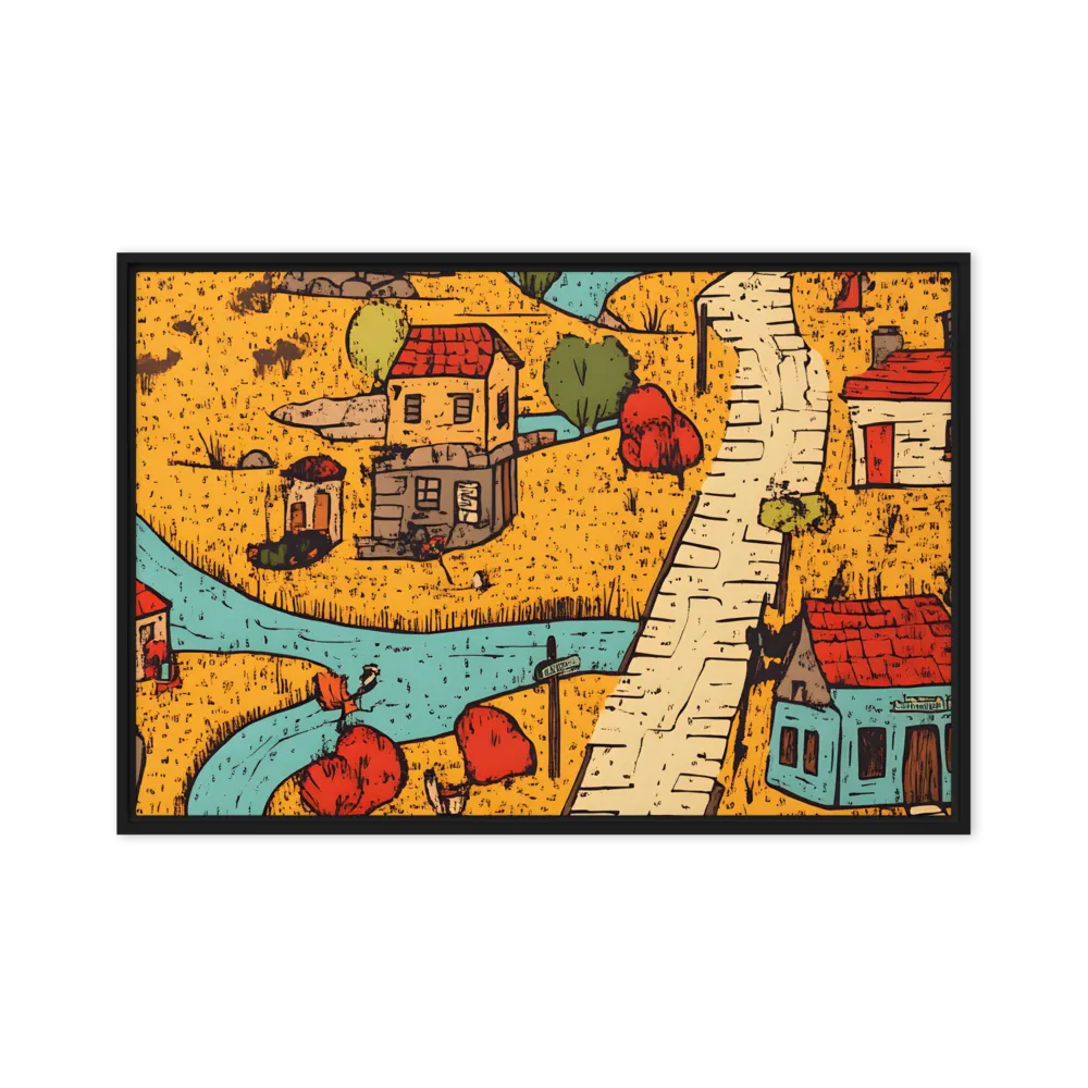 Whimsical Village Landscape | Canvas with Black Frame | 20″×30″
