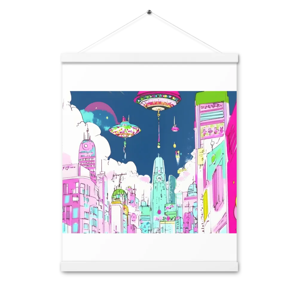 Futuristic Cityscape with Floating Structures | Poster With White Wood Hanger | 16″×20″