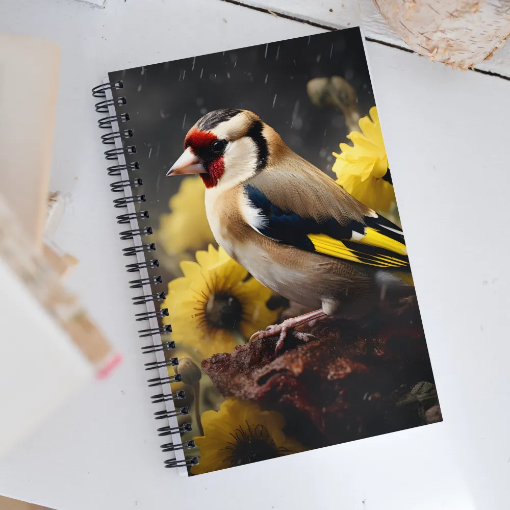 Harmony in Nature: A Goldfinch Amidst Blooms | Spiral Notebook