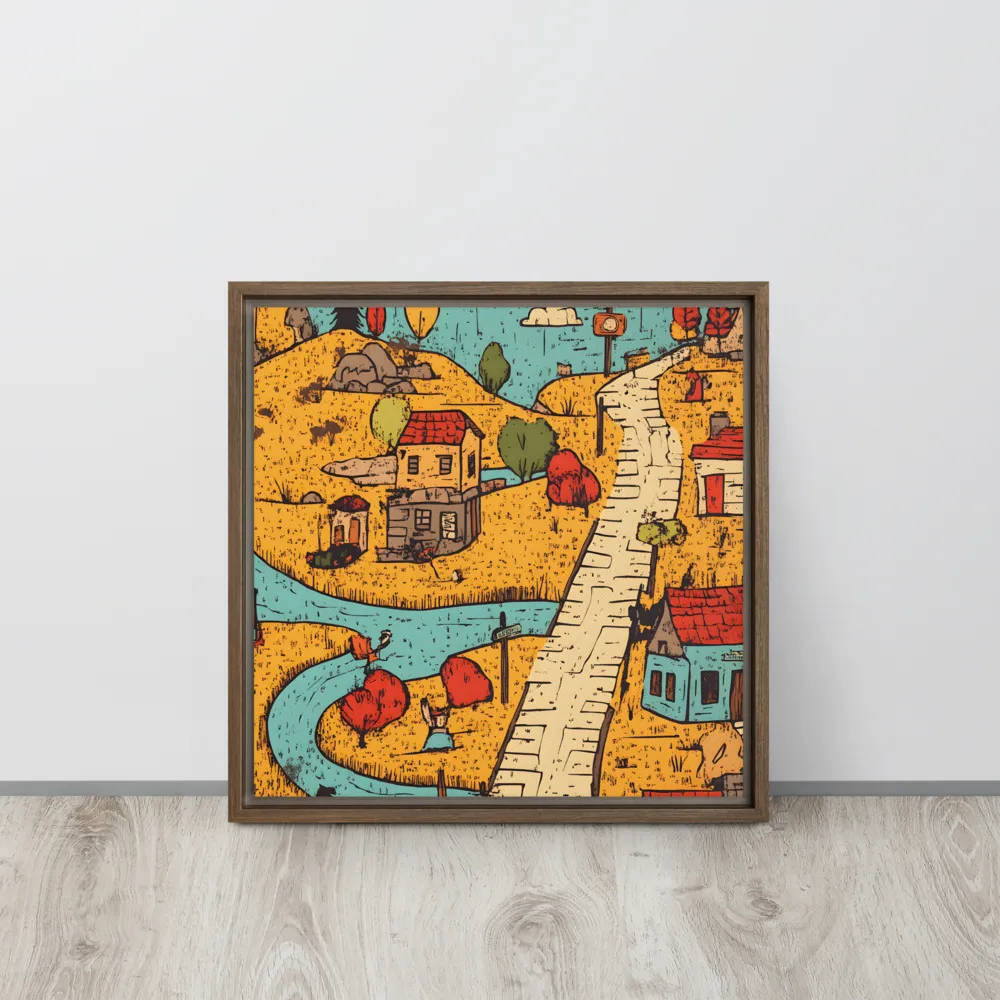 Whimsical Village Landscape | Canvas with Brown Frame | 16″×16″