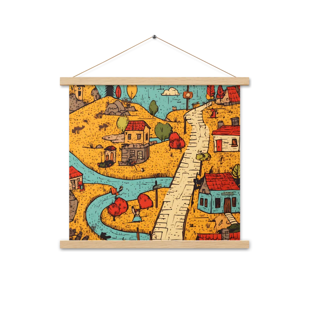 Whimsical Village Landscape | Poster With Oak Wood Hanger | 18″×18″