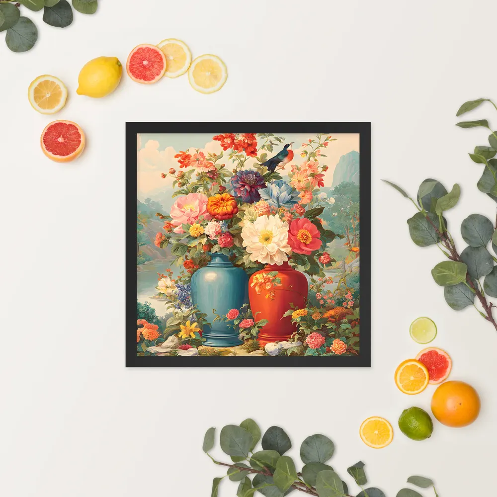 Twin Vases in Bloom 
 Poster with Black Frame | 16″x 16″