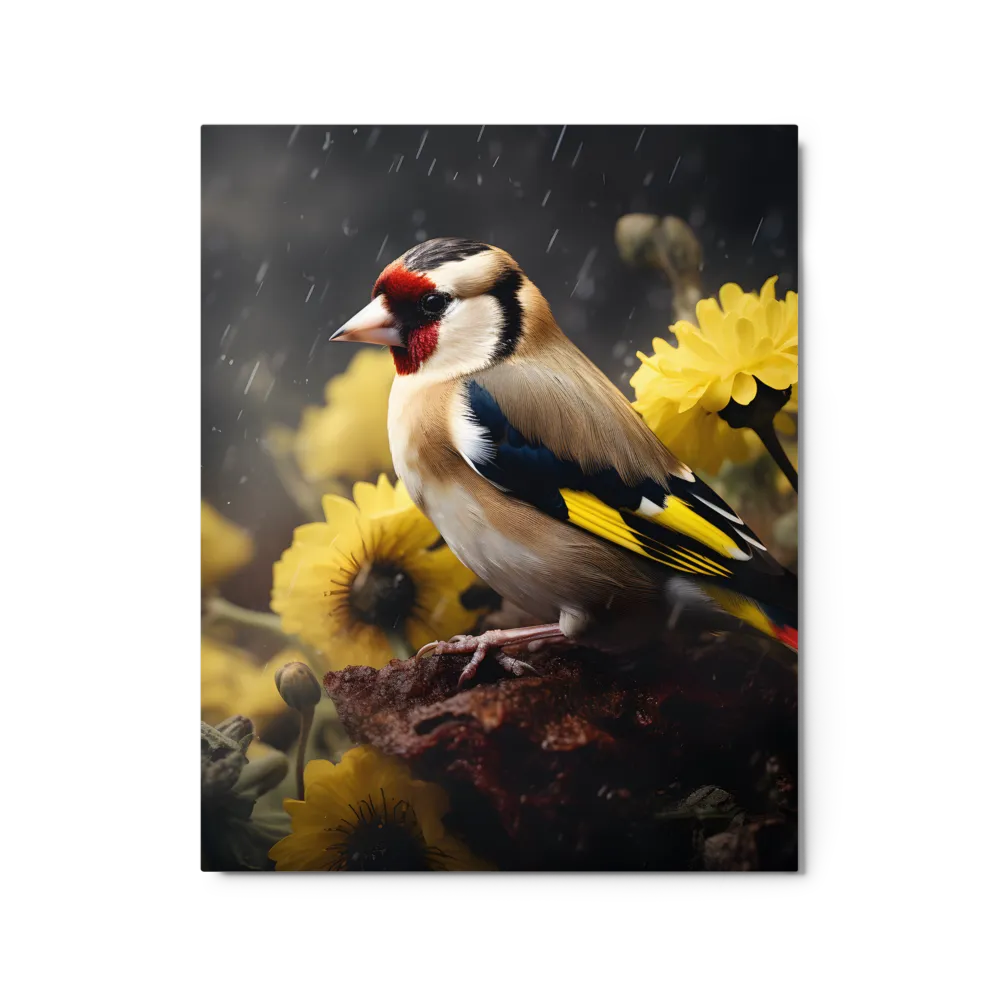 Harmony in Nature: A Goldfinch Amidst Blooms | Metal Print | 16″×20″