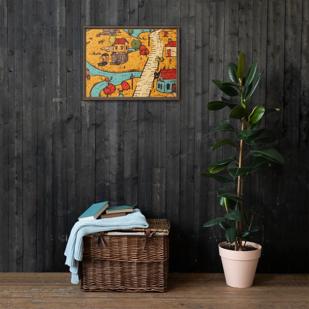 Whimsical Village Landscape | Canvas with Brown Frame | 18″×24″
