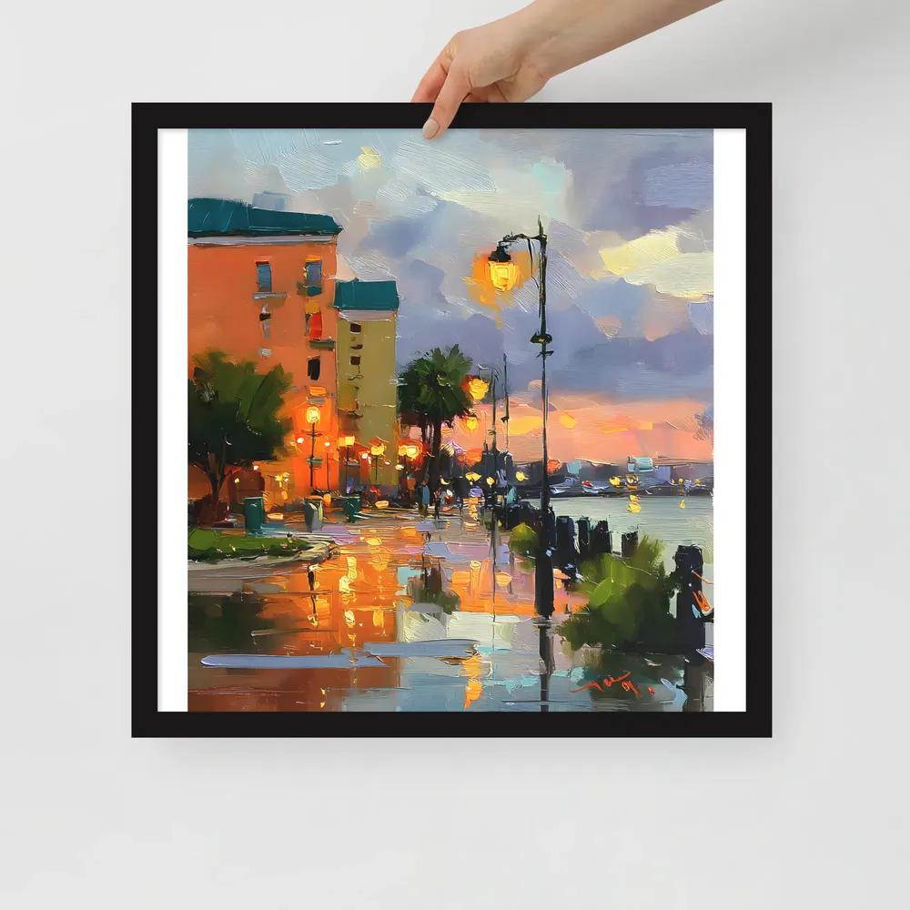 Harbor Promenade at Dusk 
 Poster with Black Frame | 18″x 18″