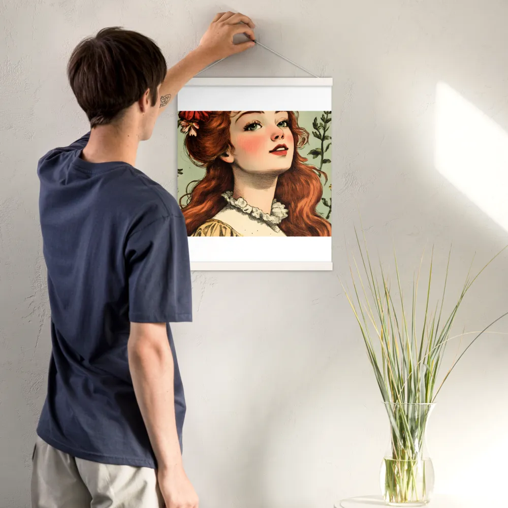 Whimsical Portrait of a Flower-Adorned Girl | Poster With White Wood Hanger | 16″×20″