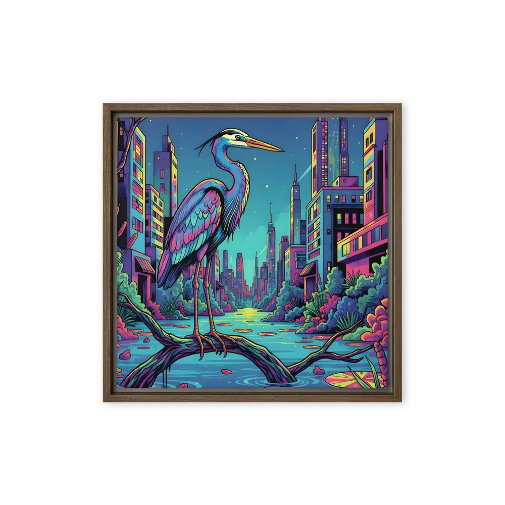 Neon Heron - Urban Twilight 
 Canvas with Brown Frame
