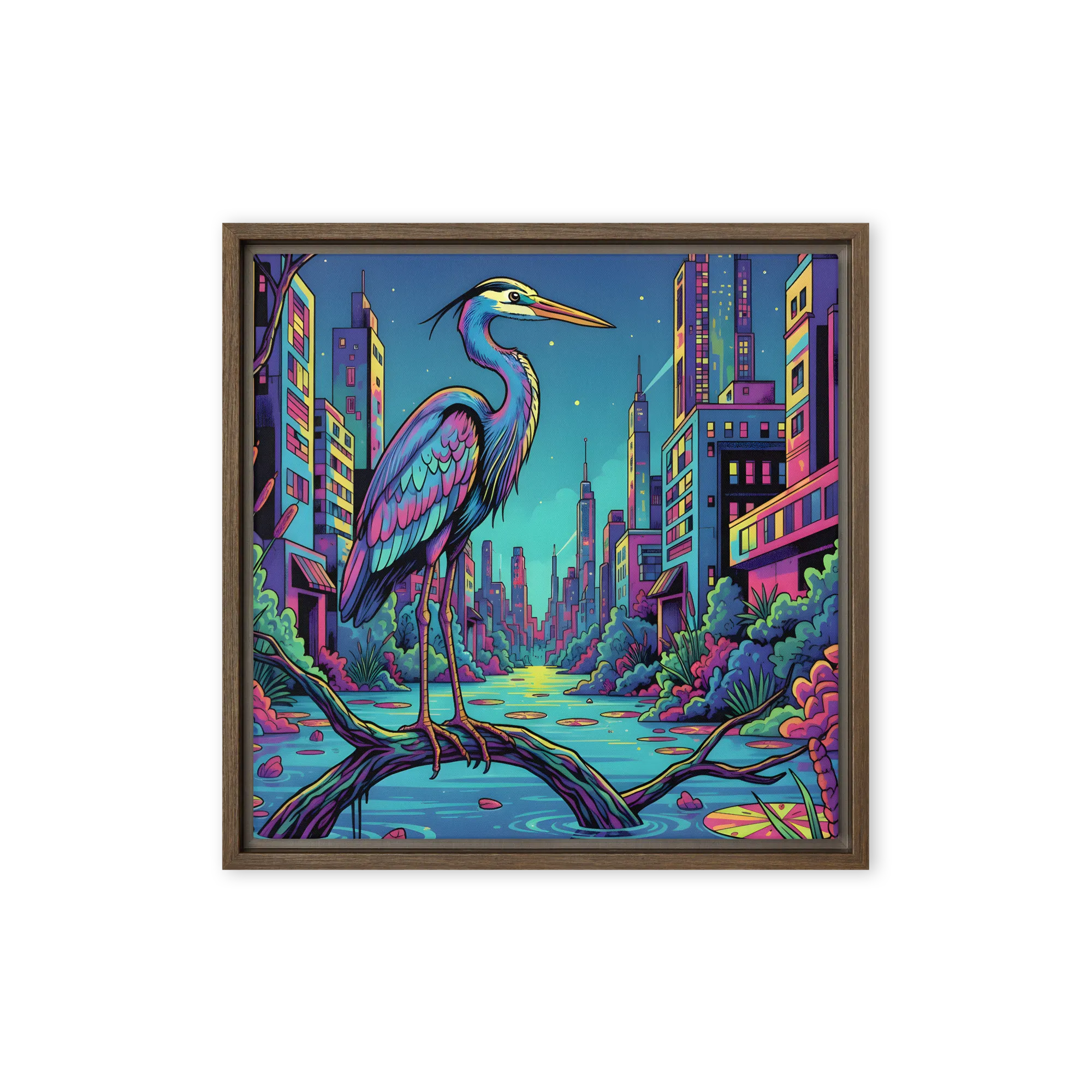 Neon Heron - Urban Twilight 
 Canvas with Brown Frame