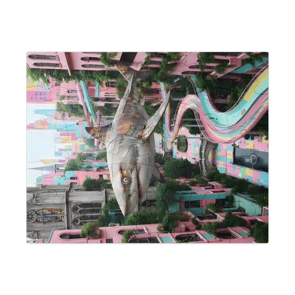 Floating Shark in Pastel City 
 Jigsaw Puzzle in Tin Box